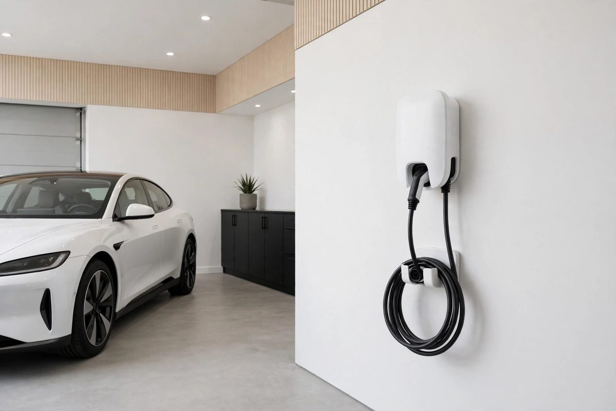 Wall-mounted EV charger installation in a Georgia garage
